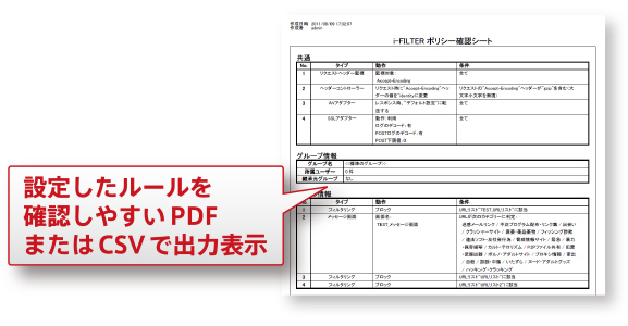 設定したルールを確認しやすいPDFまたはCSVで出力表示
